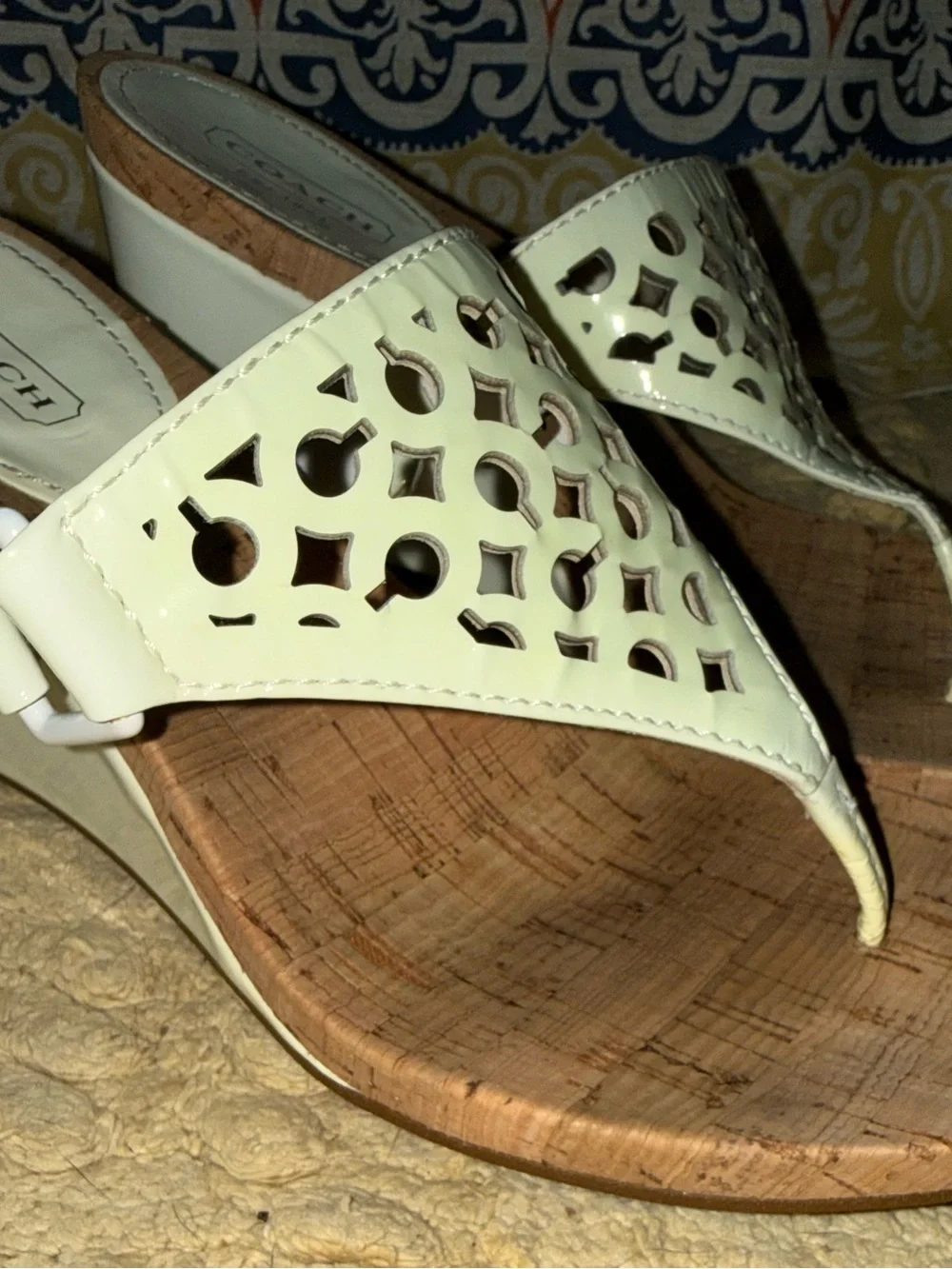 Coach White Laser-Cut Cork Wedge Sandals